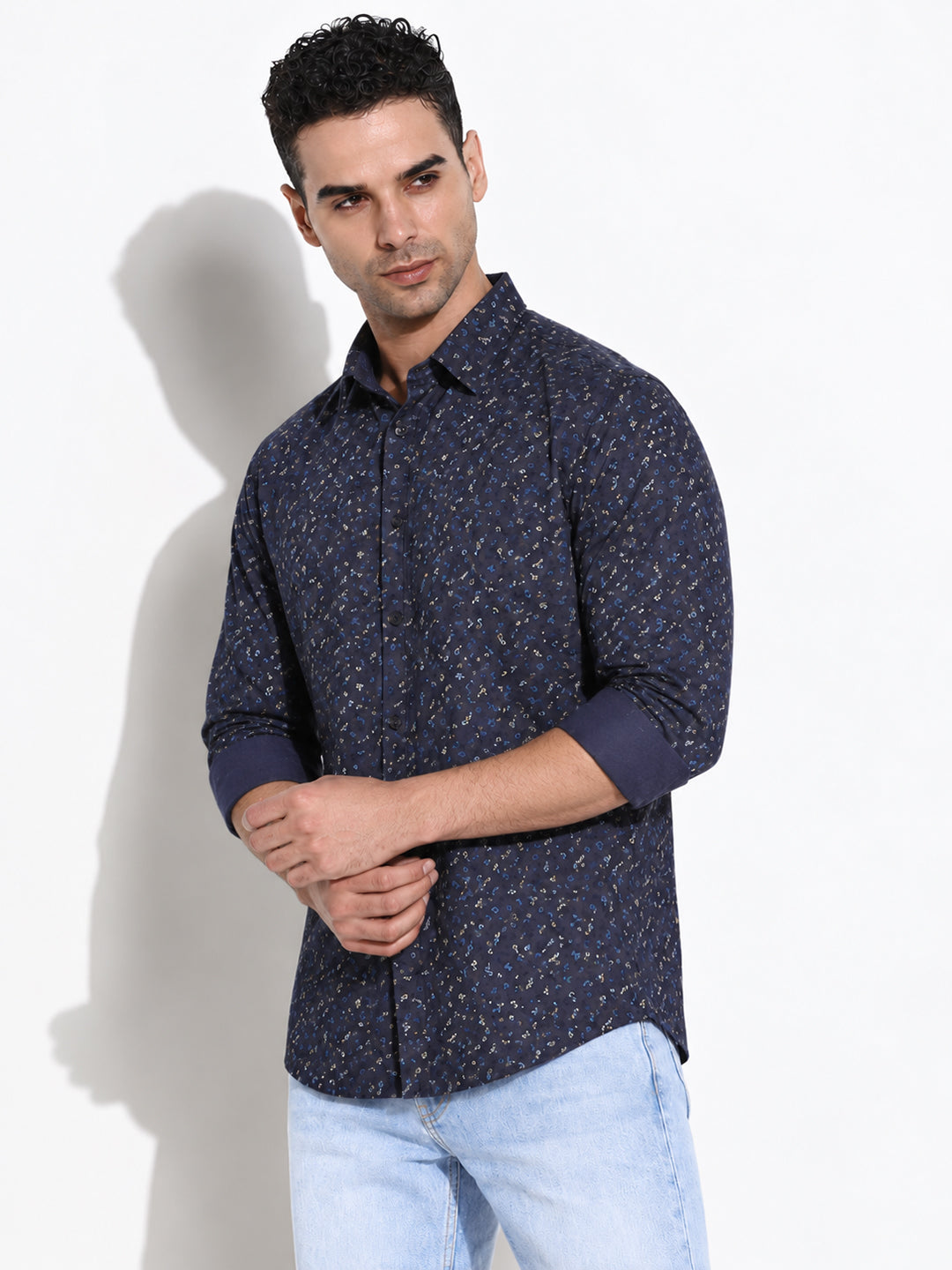 Men’s Micro Printed Navy Blue Slim Fit Long Sleeves Casual Shirt