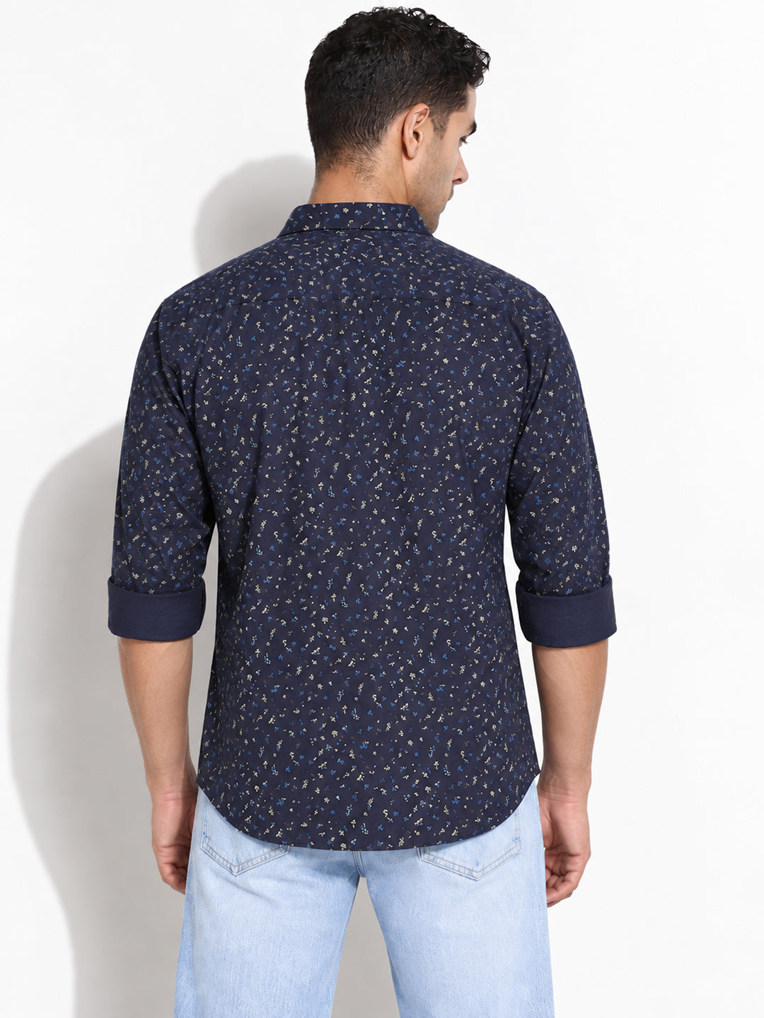 Men’s Micro Printed Navy Blue Slim Fit Long Sleeves Casual Shirt