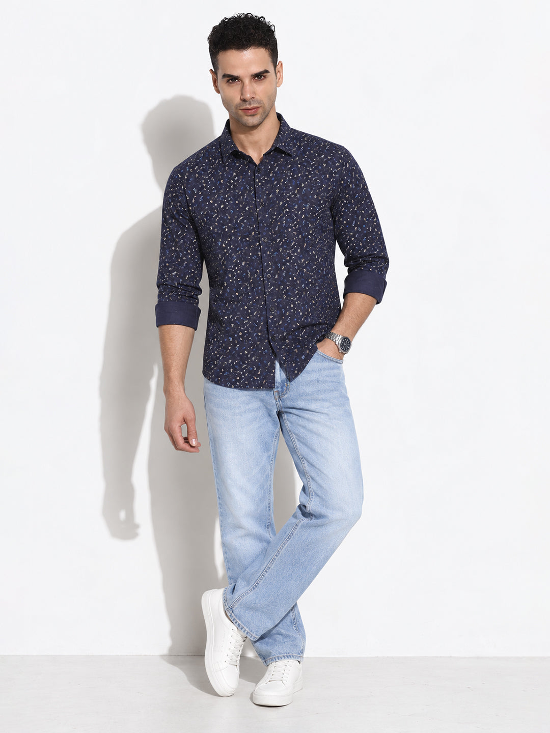 Men’s Micro Printed Navy Blue Slim Fit Long Sleeves Casual Shirt