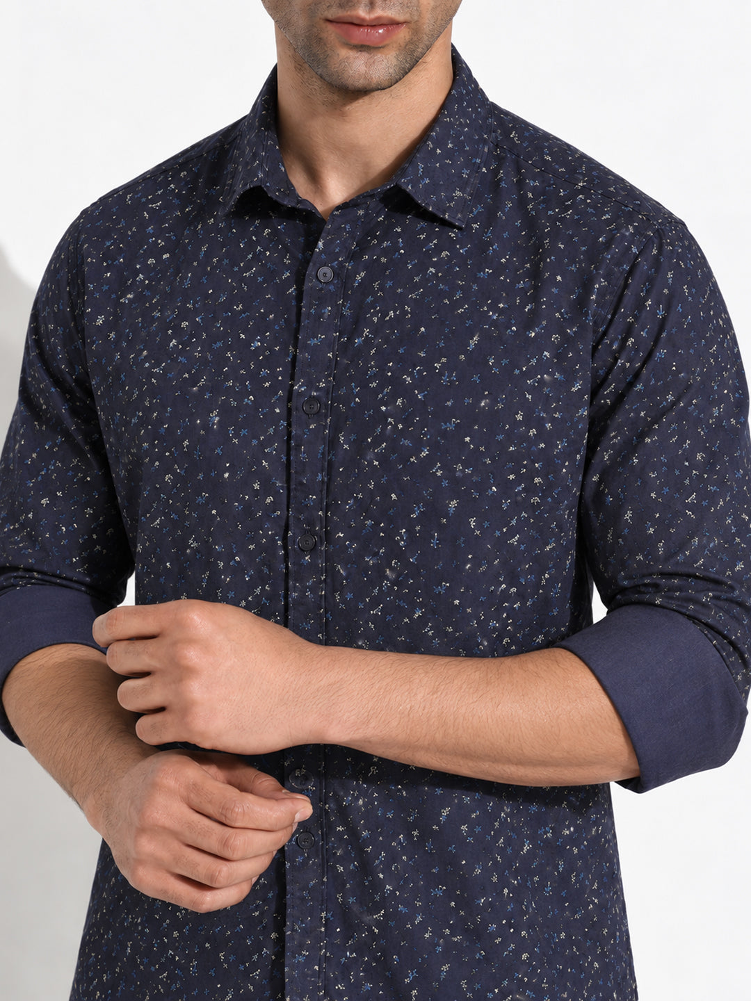 Men’s Micro Printed Navy Blue Slim Fit Long Sleeves Casual Shirt