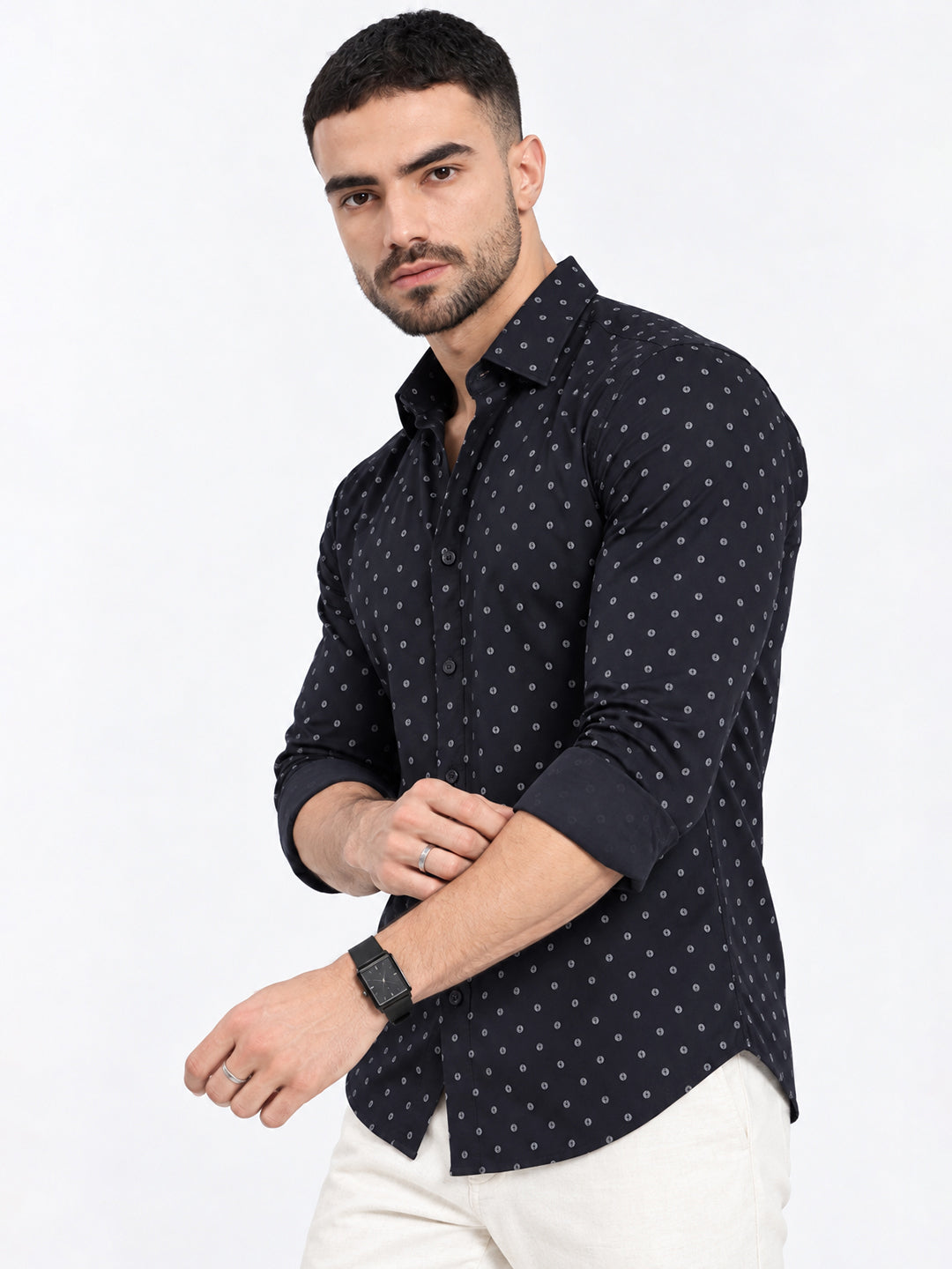 Men’s Micro Printed Black Slim Fit Long Sleeves Casual Shirt