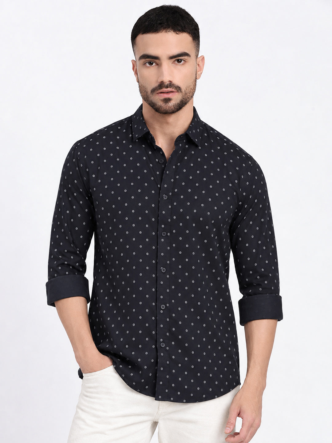Men’s Micro Printed Black Slim Fit Long Sleeves Casual Shirt