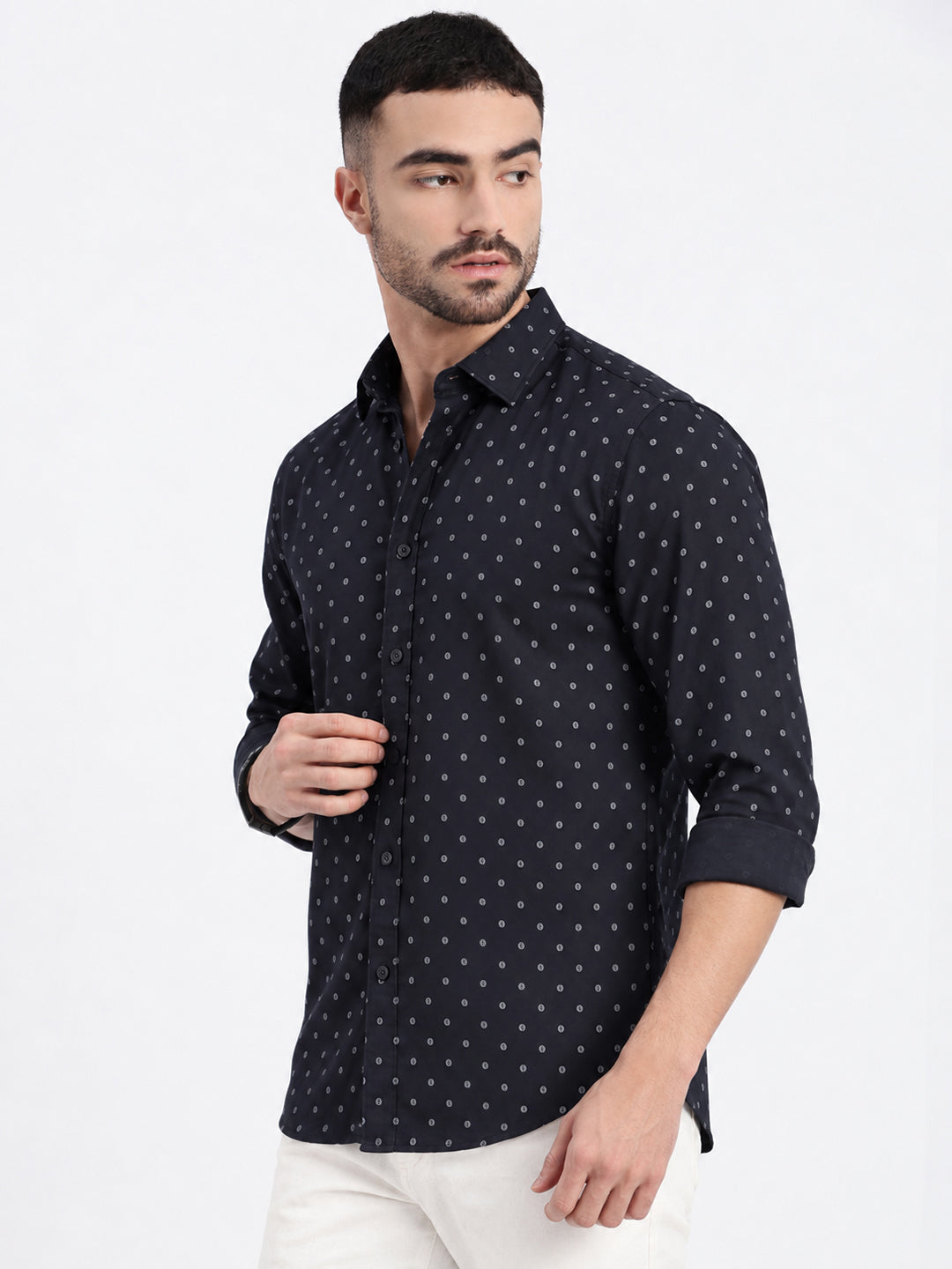 Men’s Micro Printed Black Slim Fit Long Sleeves Casual Shirt