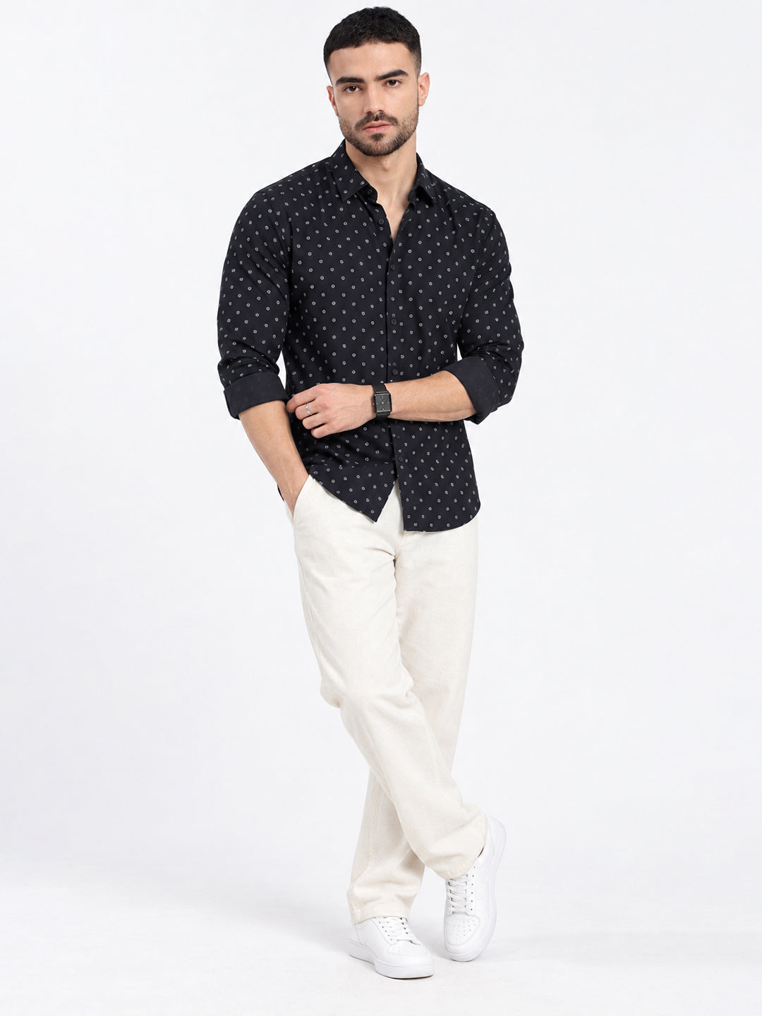 Men’s Micro Printed Black Slim Fit Long Sleeves Casual Shirt
