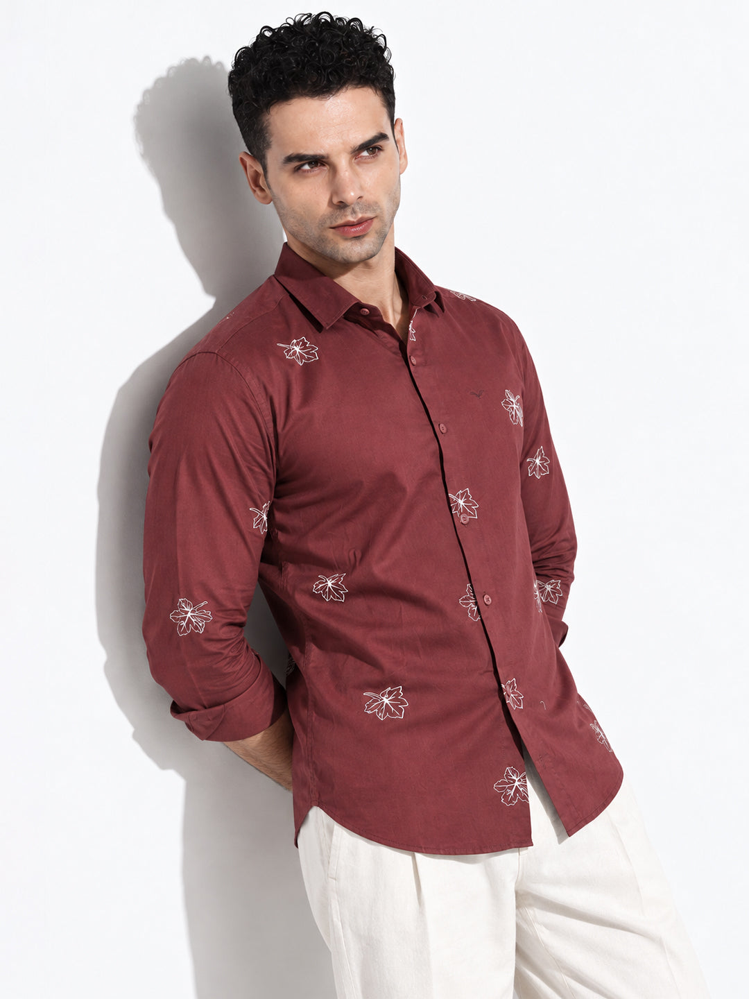 Men’s Floral Printed Brown Slim Fit Long Sleeves Casual Shirt