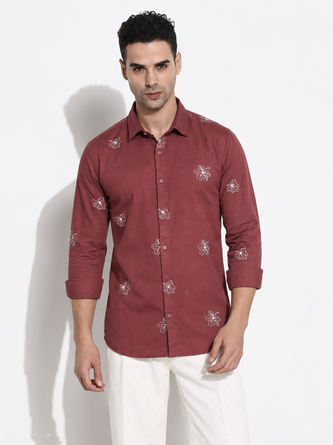 Men’s Floral Printed Brown Slim Fit Long Sleeves Casual Shirt