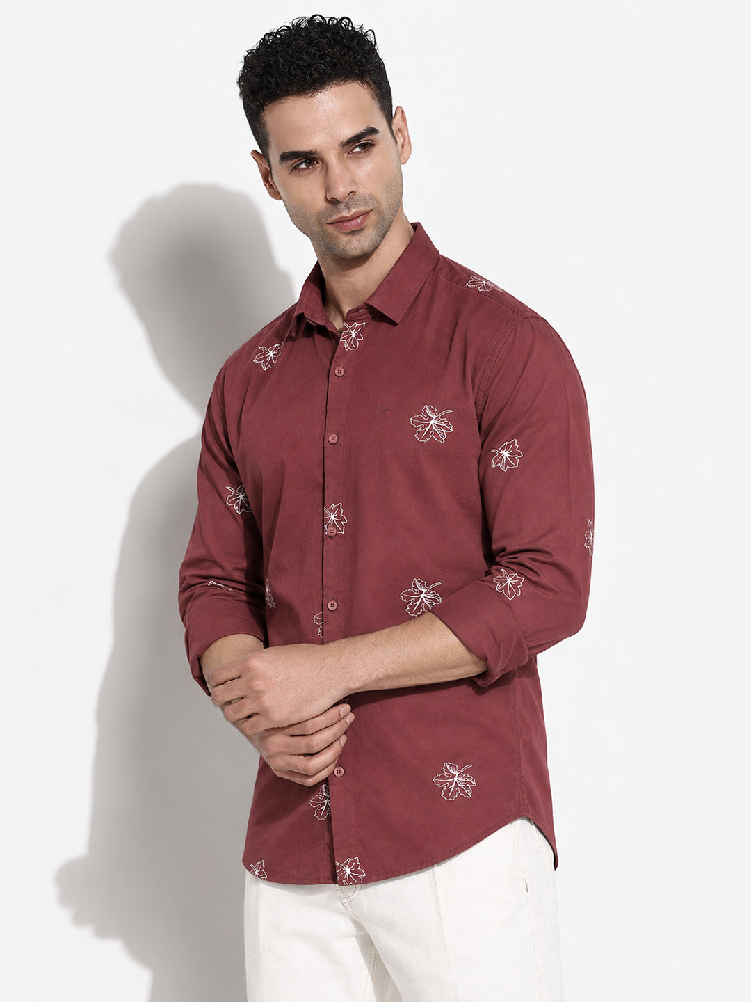 Men’s Floral Printed Brown Slim Fit Long Sleeves Casual Shirt
