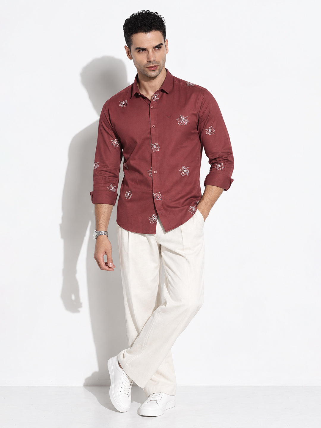 Men’s Floral Printed Brown Slim Fit Long Sleeves Casual Shirt
