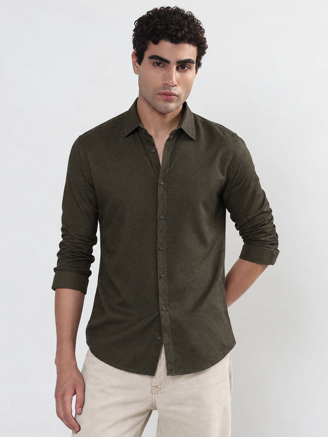 Men’s Micro Printed Olive Slim Fit Long Sleeves Casual Shirt