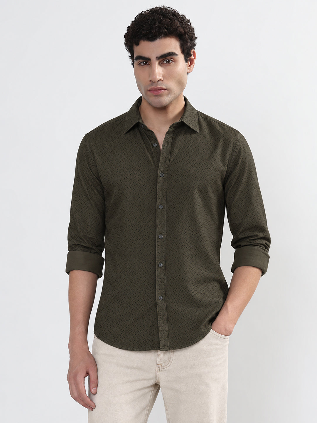 Men’s Micro Printed Olive Slim Fit Long Sleeves Casual Shirt
