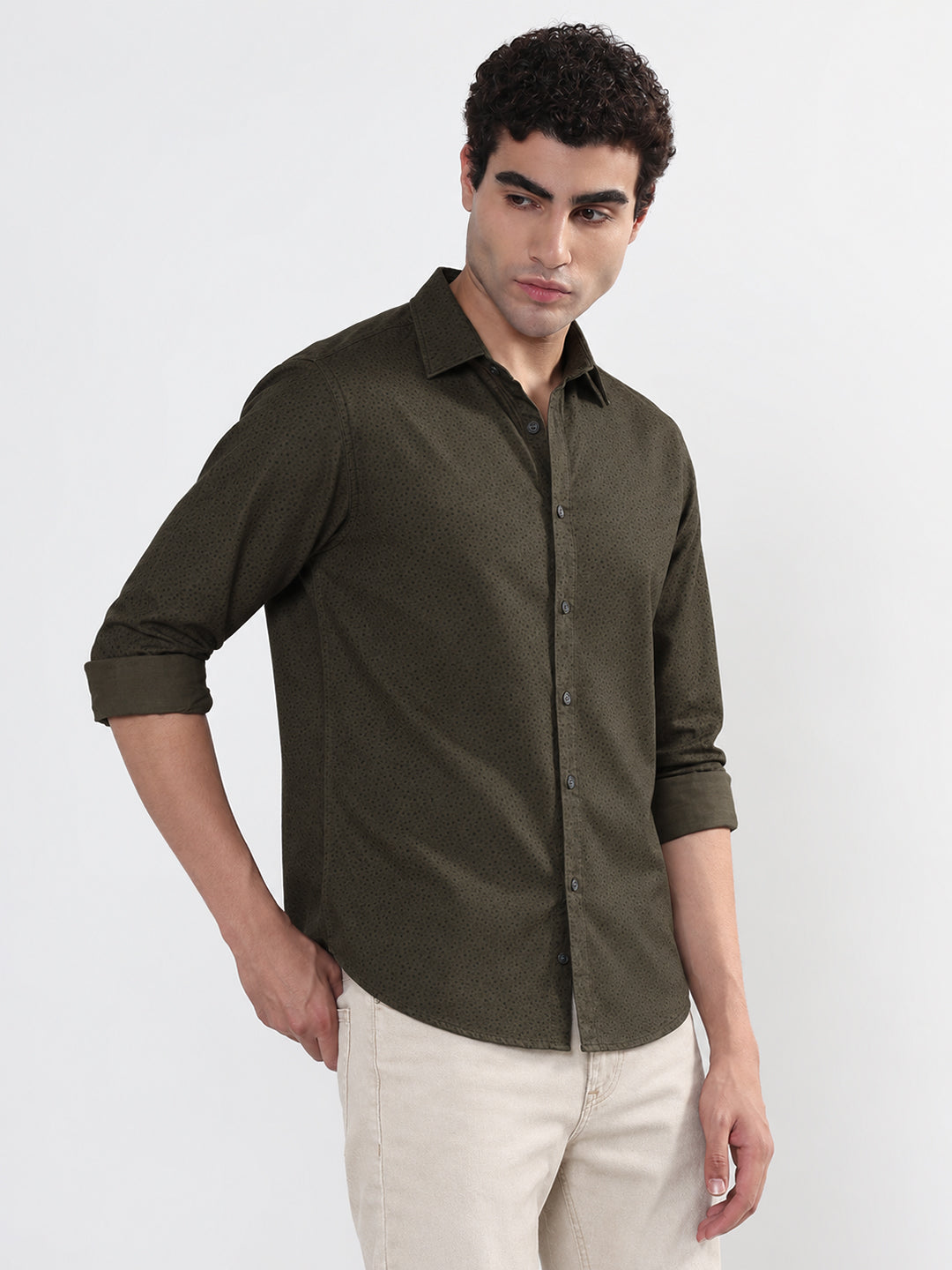 Men’s Micro Printed Olive Slim Fit Long Sleeves Casual Shirt