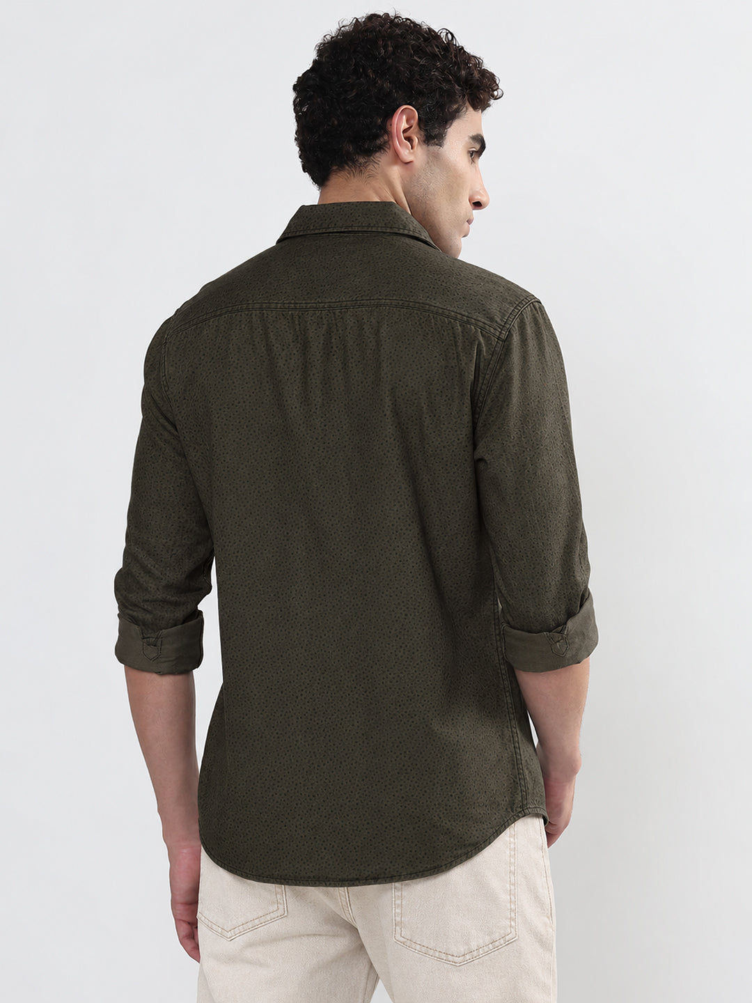 Men’s Micro Printed Olive Slim Fit Long Sleeves Casual Shirt