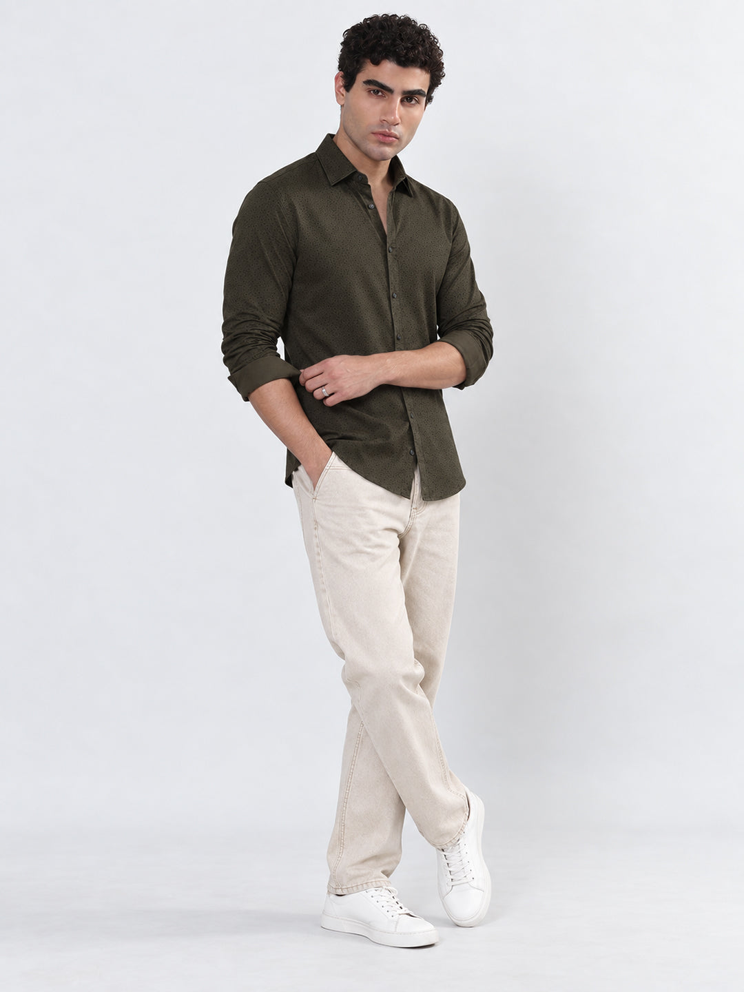 Men’s Micro Printed Olive Slim Fit Long Sleeves Casual Shirt