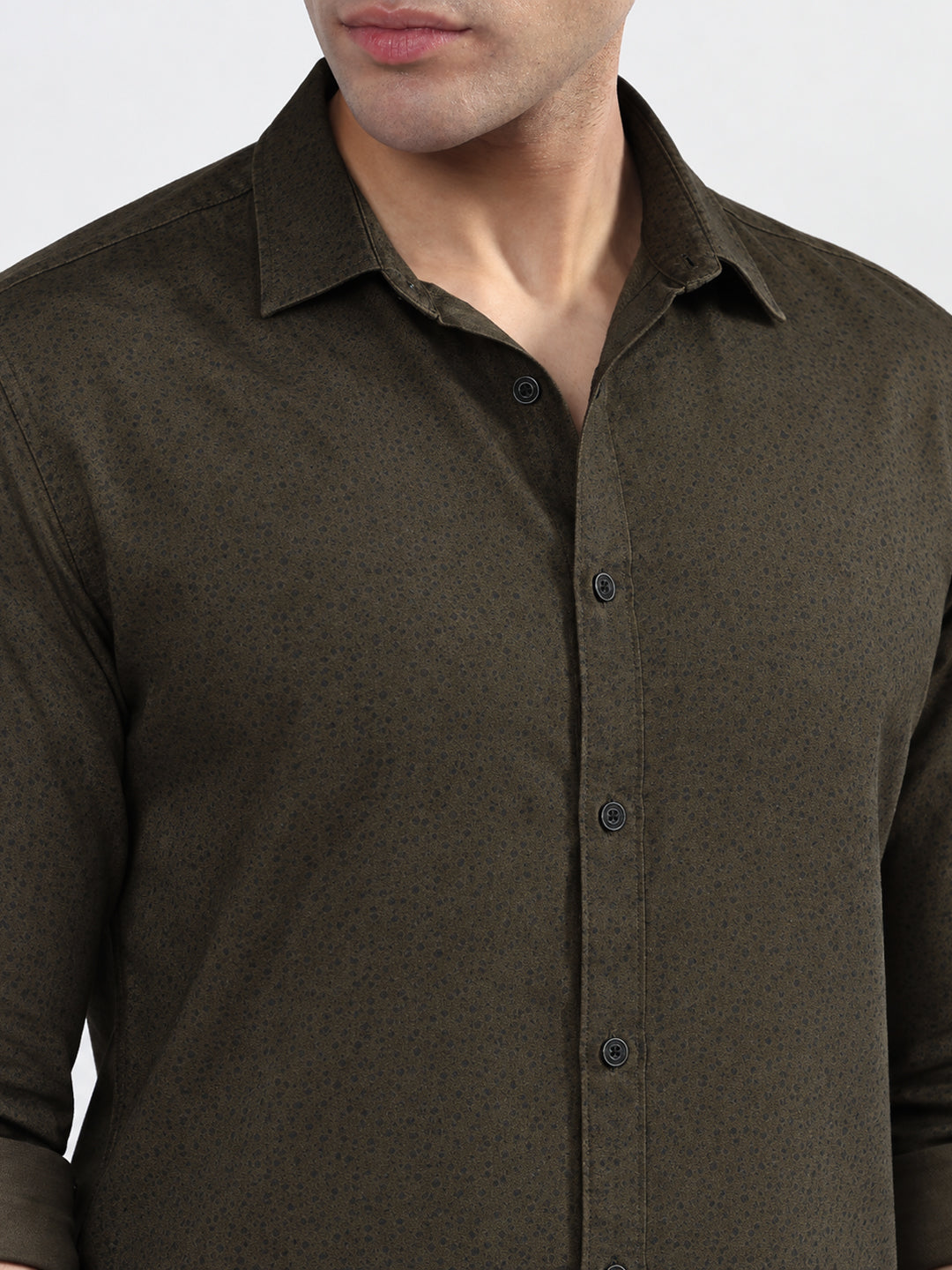 Men’s Micro Printed Olive Slim Fit Long Sleeves Casual Shirt