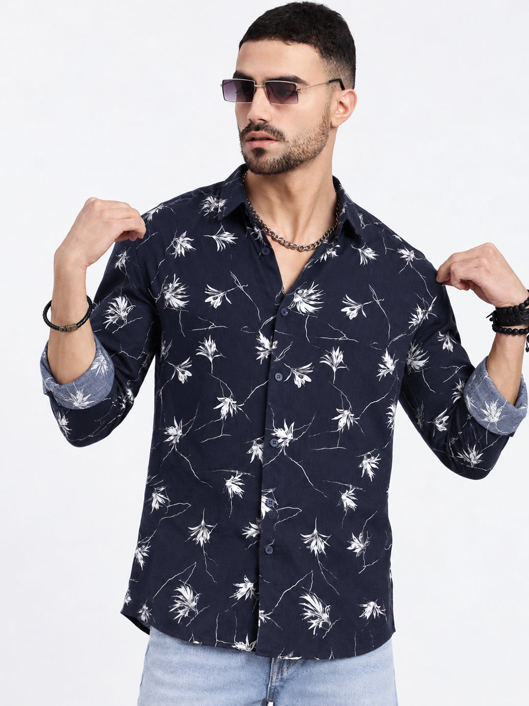Men’s Floral Printed Navy Blue Slim Fit Long Sleeves Casual Shirt