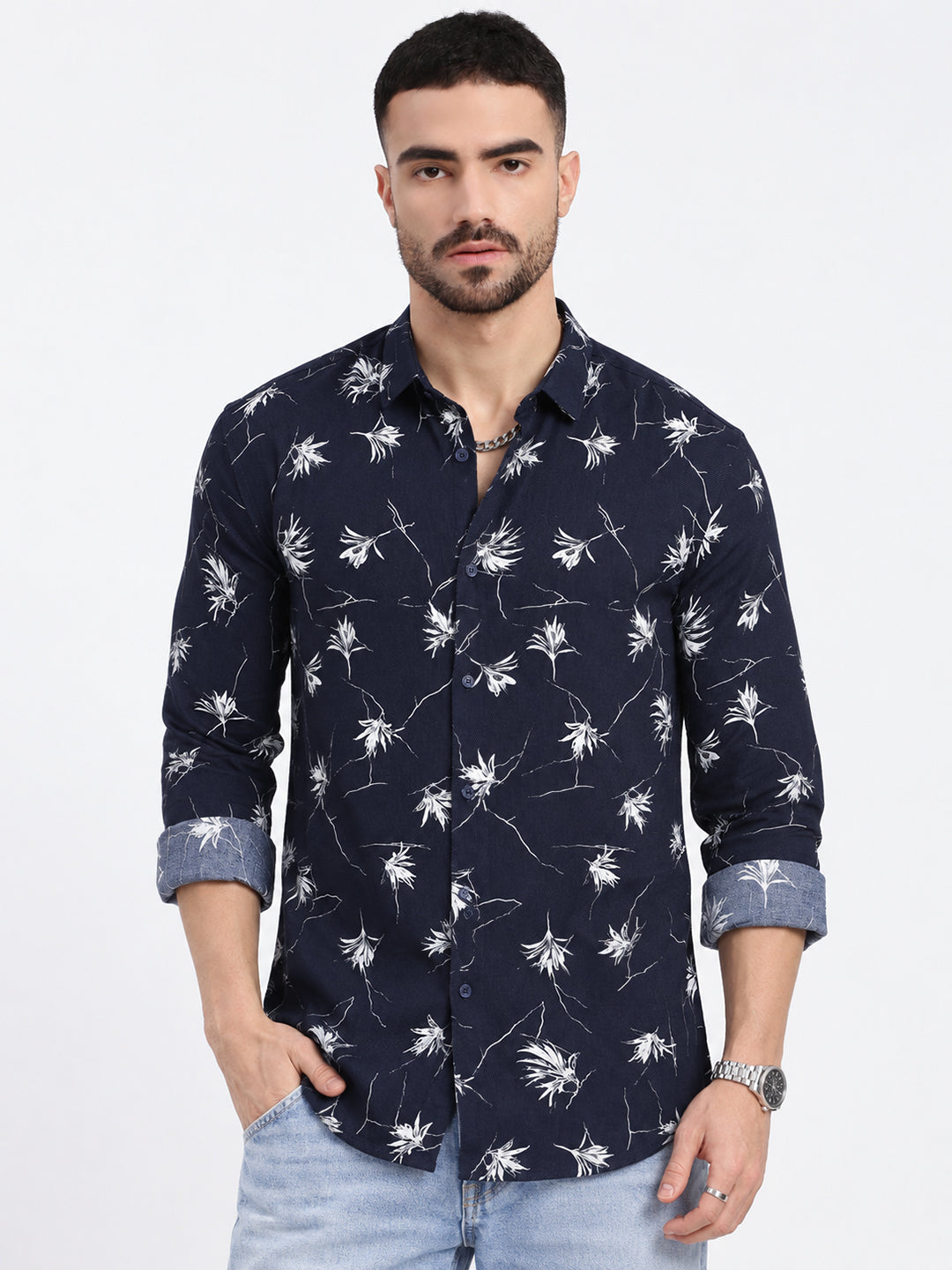Men’s Floral Printed Navy Blue Slim Fit Long Sleeves Casual Shirt