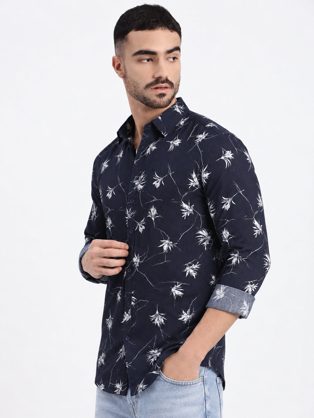Men’s Floral Printed Navy Blue Slim Fit Long Sleeves Casual Shirt