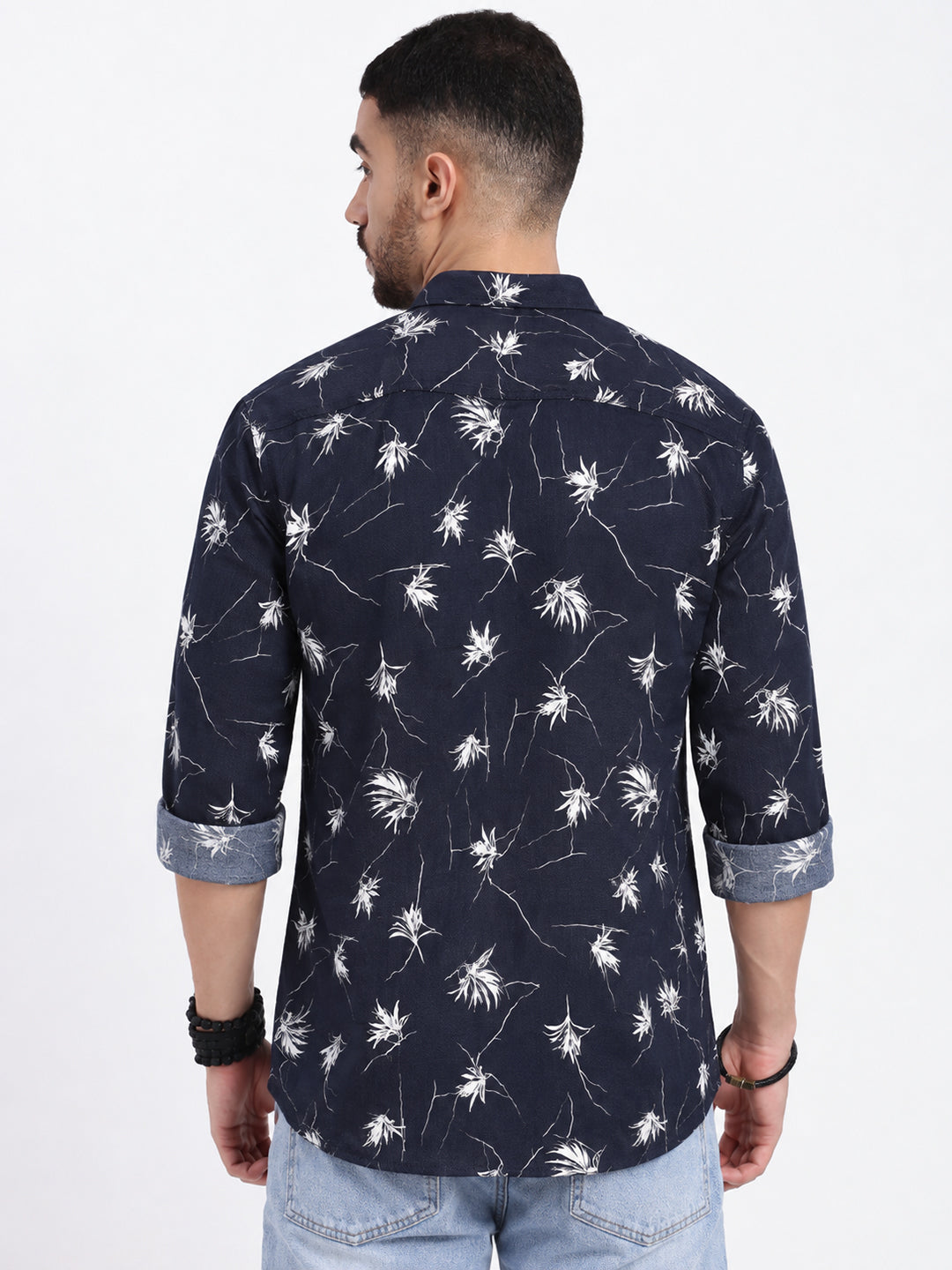 Men’s Floral Printed Navy Blue Slim Fit Long Sleeves Casual Shirt