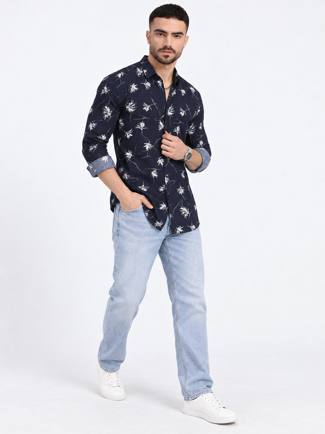 Men’s Floral Printed Navy Blue Slim Fit Long Sleeves Casual Shirt