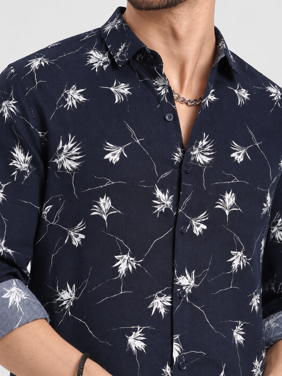 Men’s Floral Printed Navy Blue Slim Fit Long Sleeves Casual Shirt