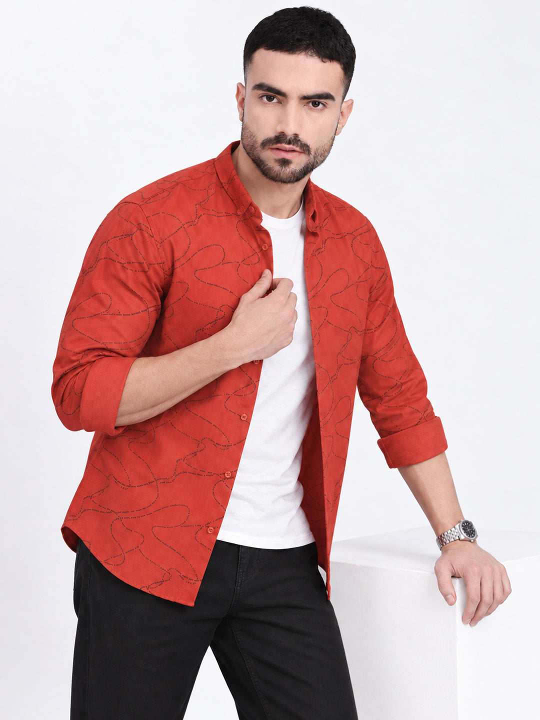 Men’s Printed Orange Slim Fit Long Sleeves Casual Shirt