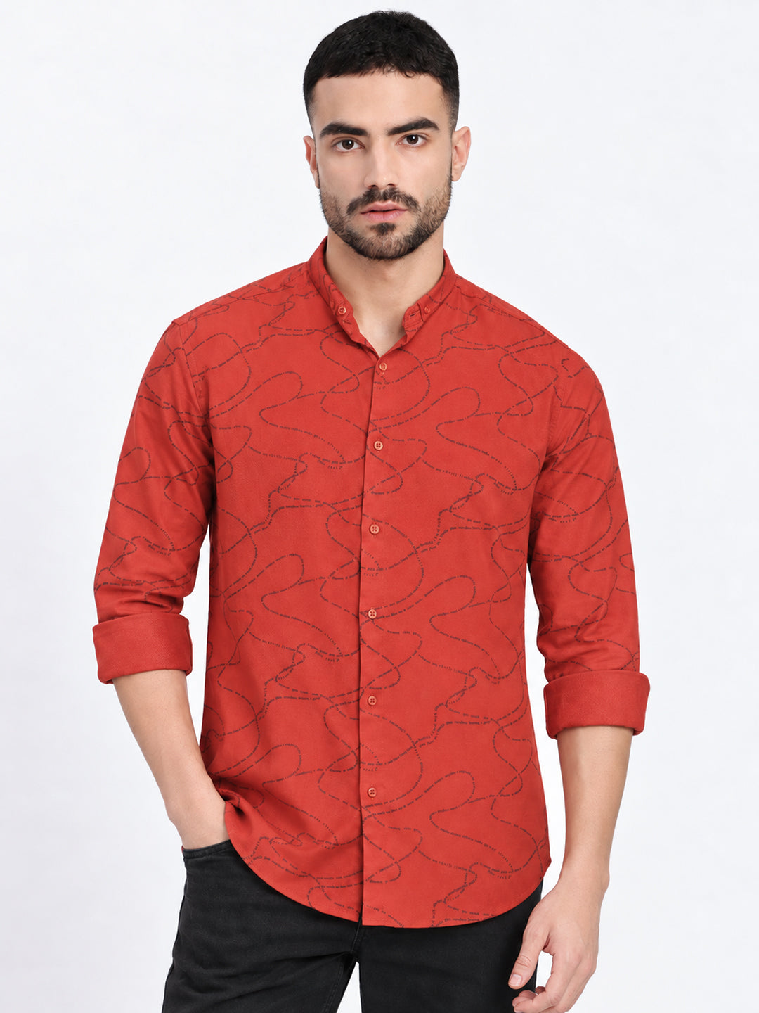 Men’s Printed Orange Slim Fit Long Sleeves Casual Shirt