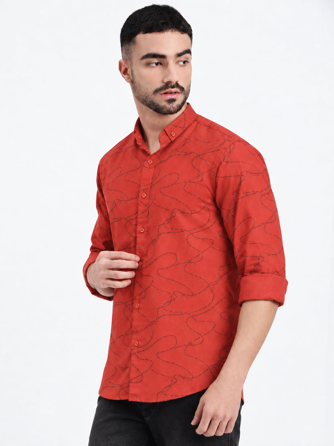 Men’s Printed Orange Slim Fit Long Sleeves Casual Shirt
