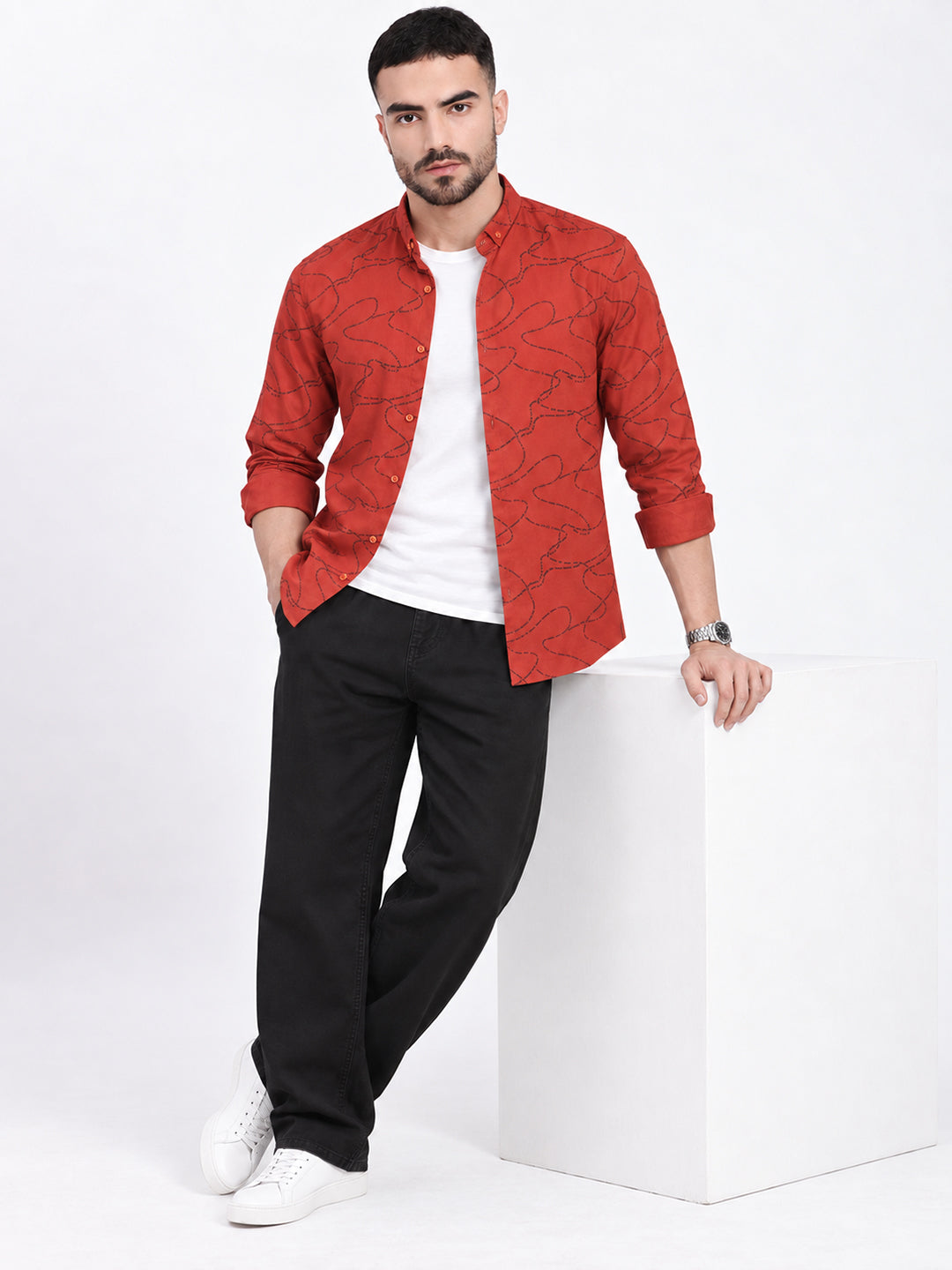 Men’s Printed Orange Slim Fit Long Sleeves Casual Shirt