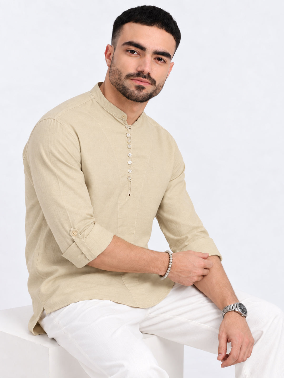 Men’s Cream Mandarin Collar Long Sleeves Casual Shirt