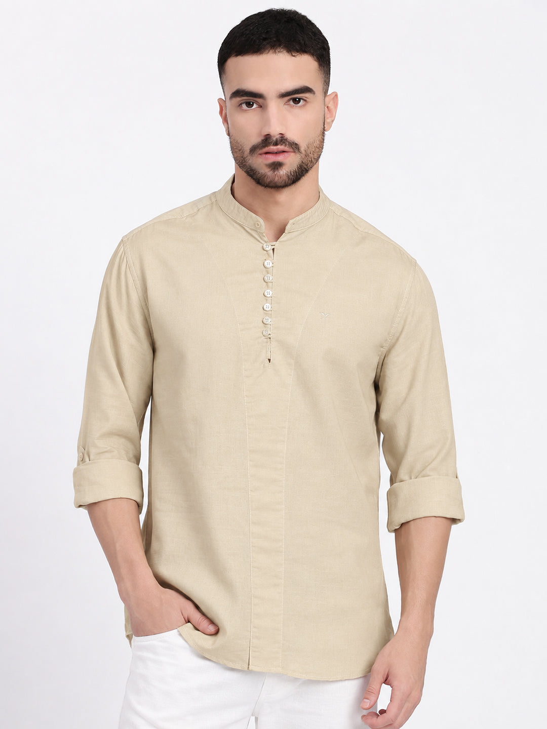 Men’s Cream Mandarin Collar Long Sleeves Casual Shirt