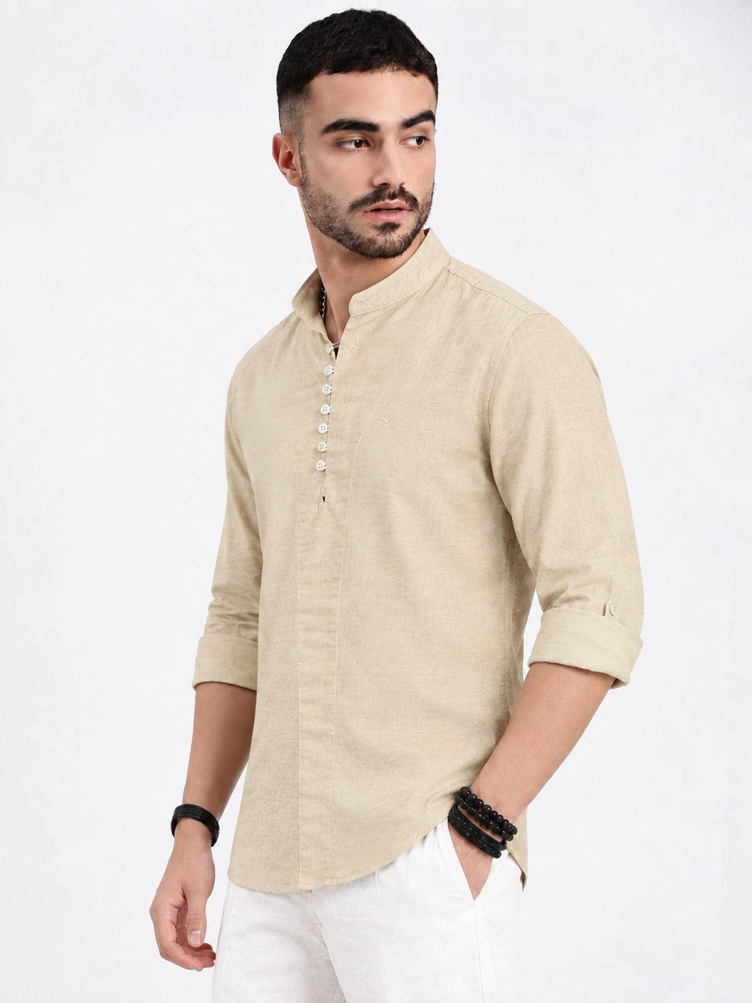 Men’s Cream Mandarin Collar Long Sleeves Casual Shirt