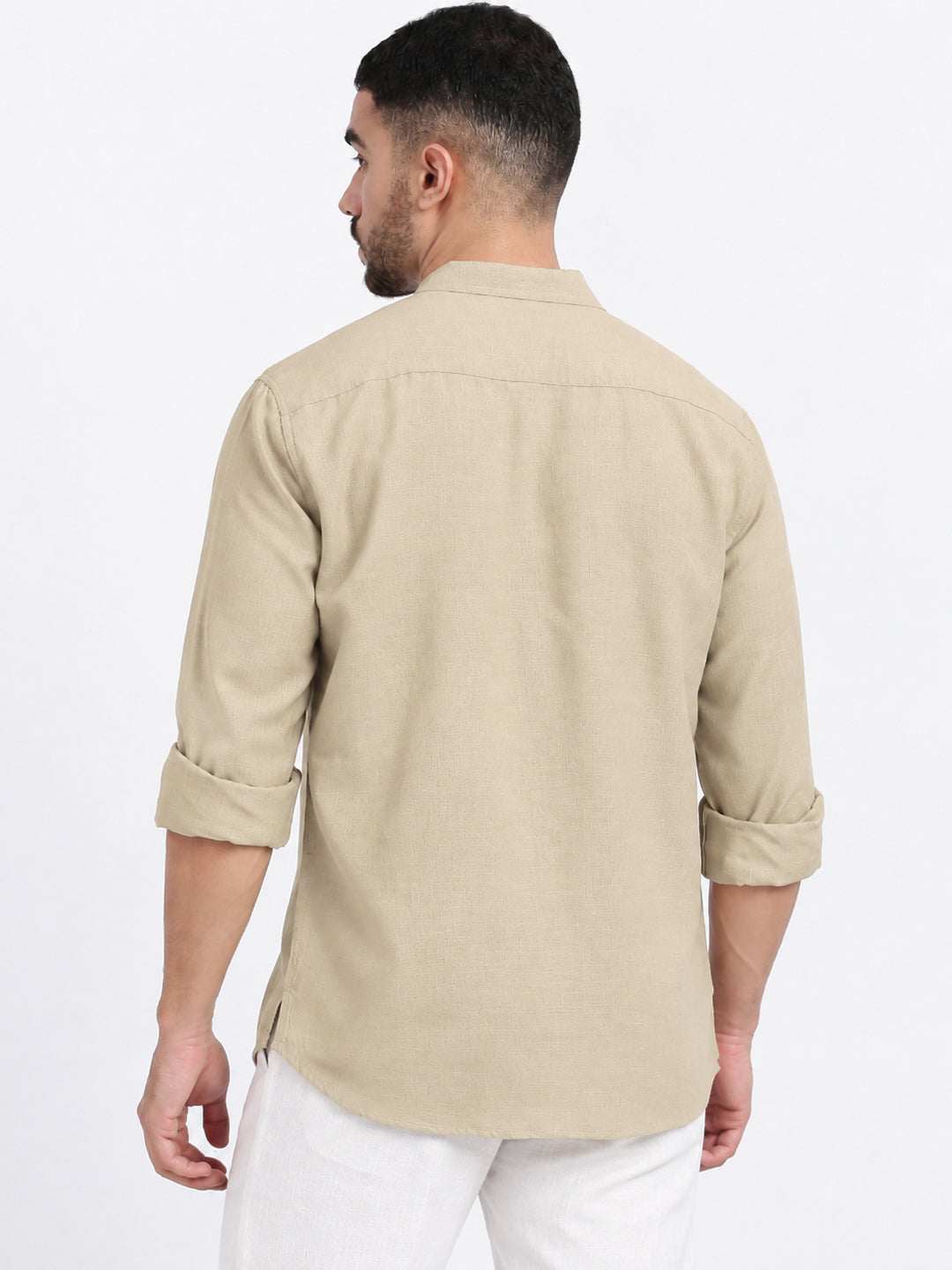 Men’s Cream Mandarin Collar Long Sleeves Casual Shirt