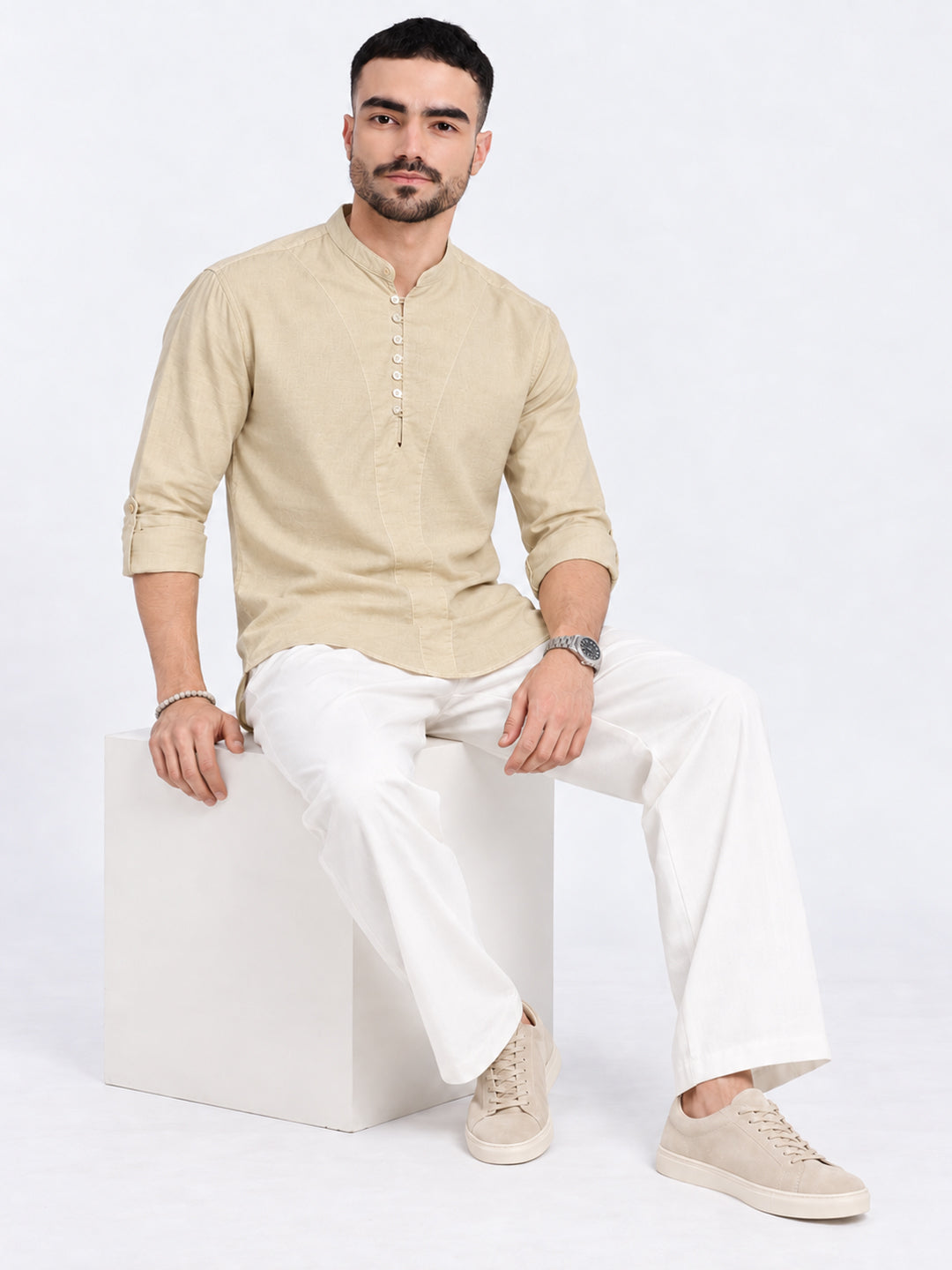 Men’s Cream Mandarin Collar Long Sleeves Casual Shirt
