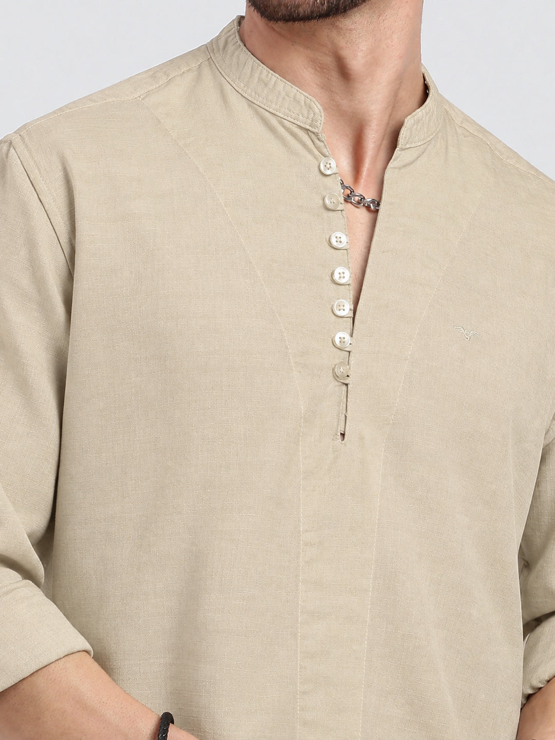 Men’s Cream Mandarin Collar Long Sleeves Casual Shirt