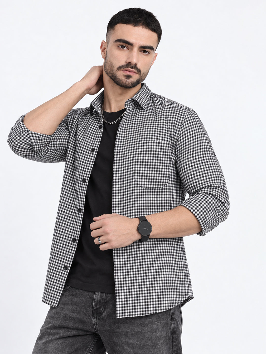 Men’s Checked Navy Blue Long Sleeves Shirt