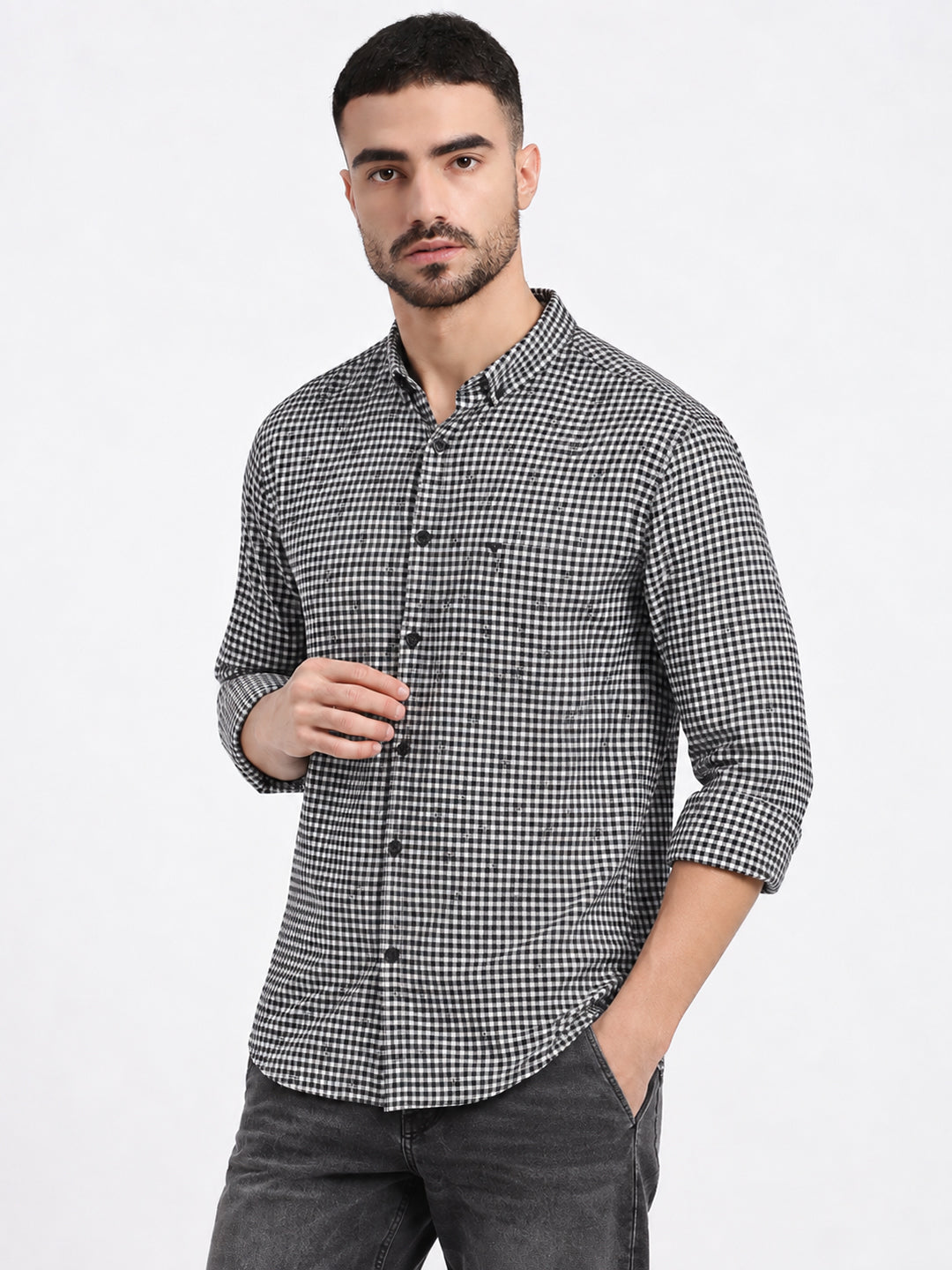 Men’s Checked Navy Blue Long Sleeves Shirt