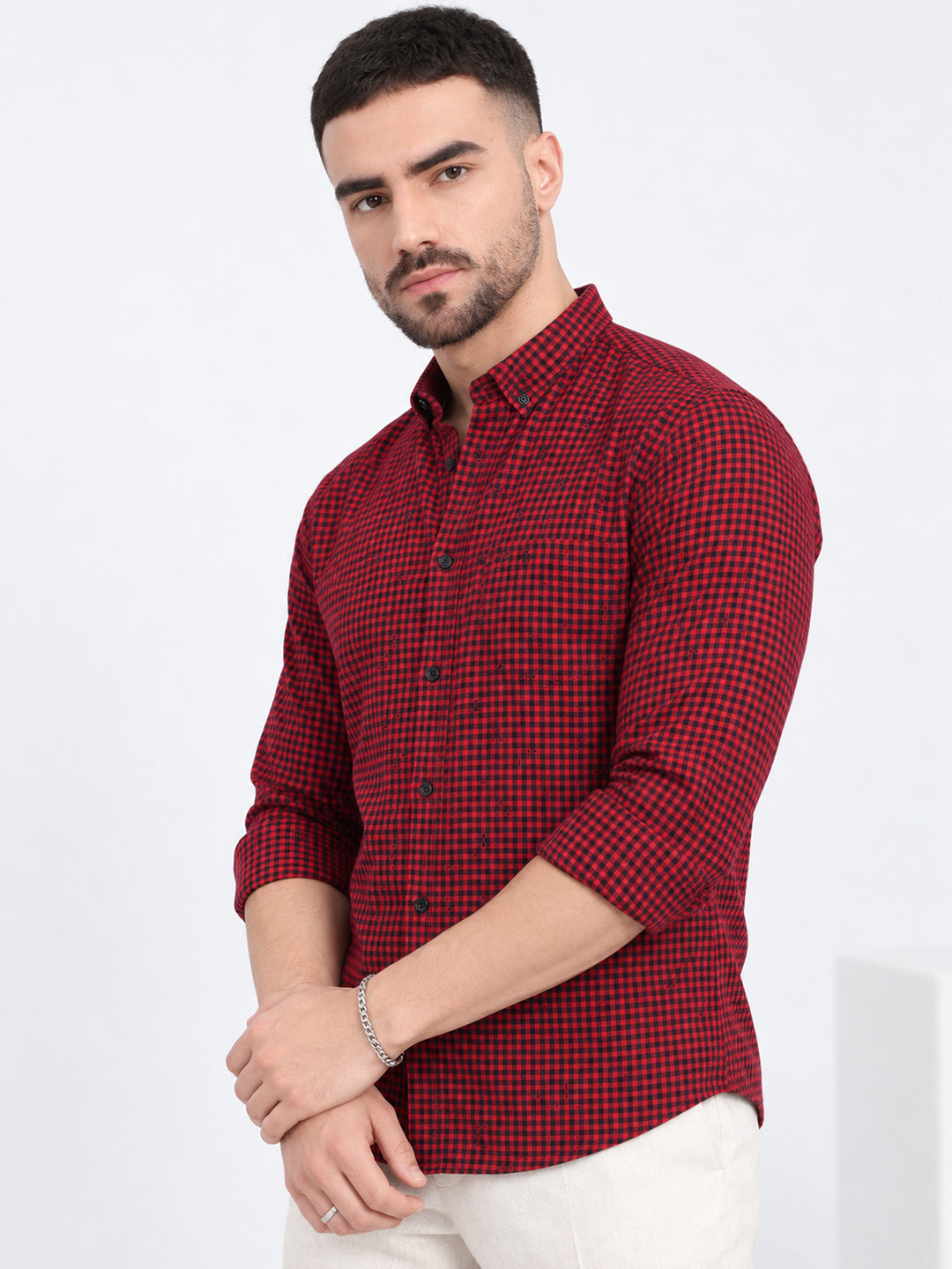 Men’s Micro Checked Red Slim Fit Long Sleeves Shirt