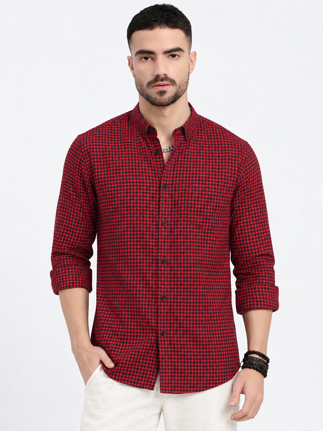 Men’s Micro Checked Red Slim Fit Long Sleeves Shirt