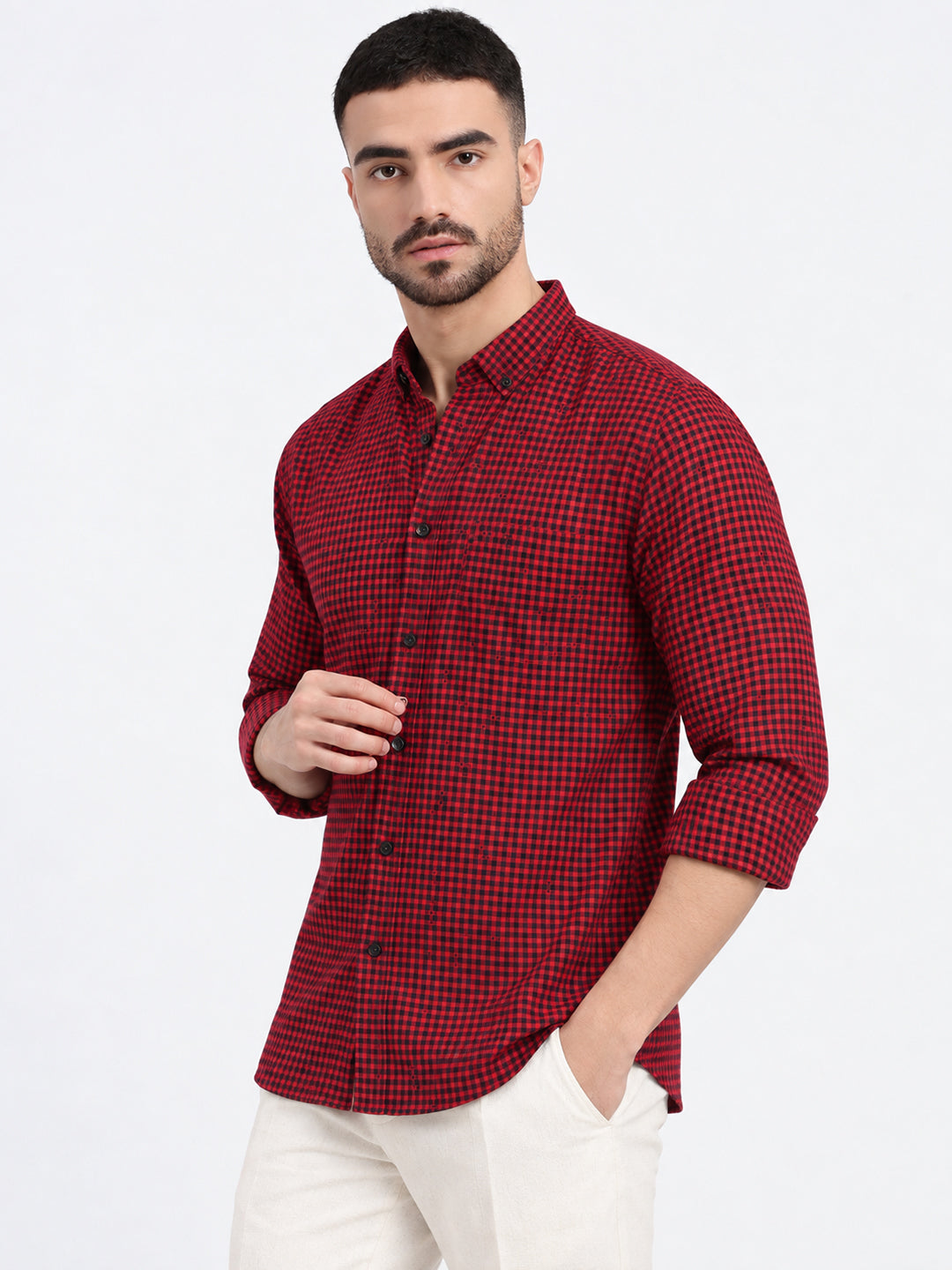 Men’s Micro Checked Red Slim Fit Long Sleeves Shirt