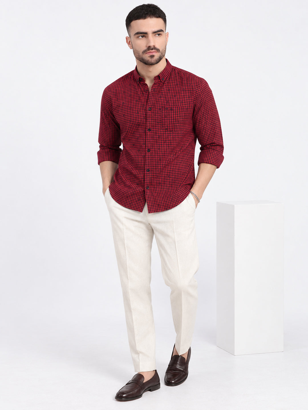 Men’s Micro Checked Red Slim Fit Long Sleeves Shirt