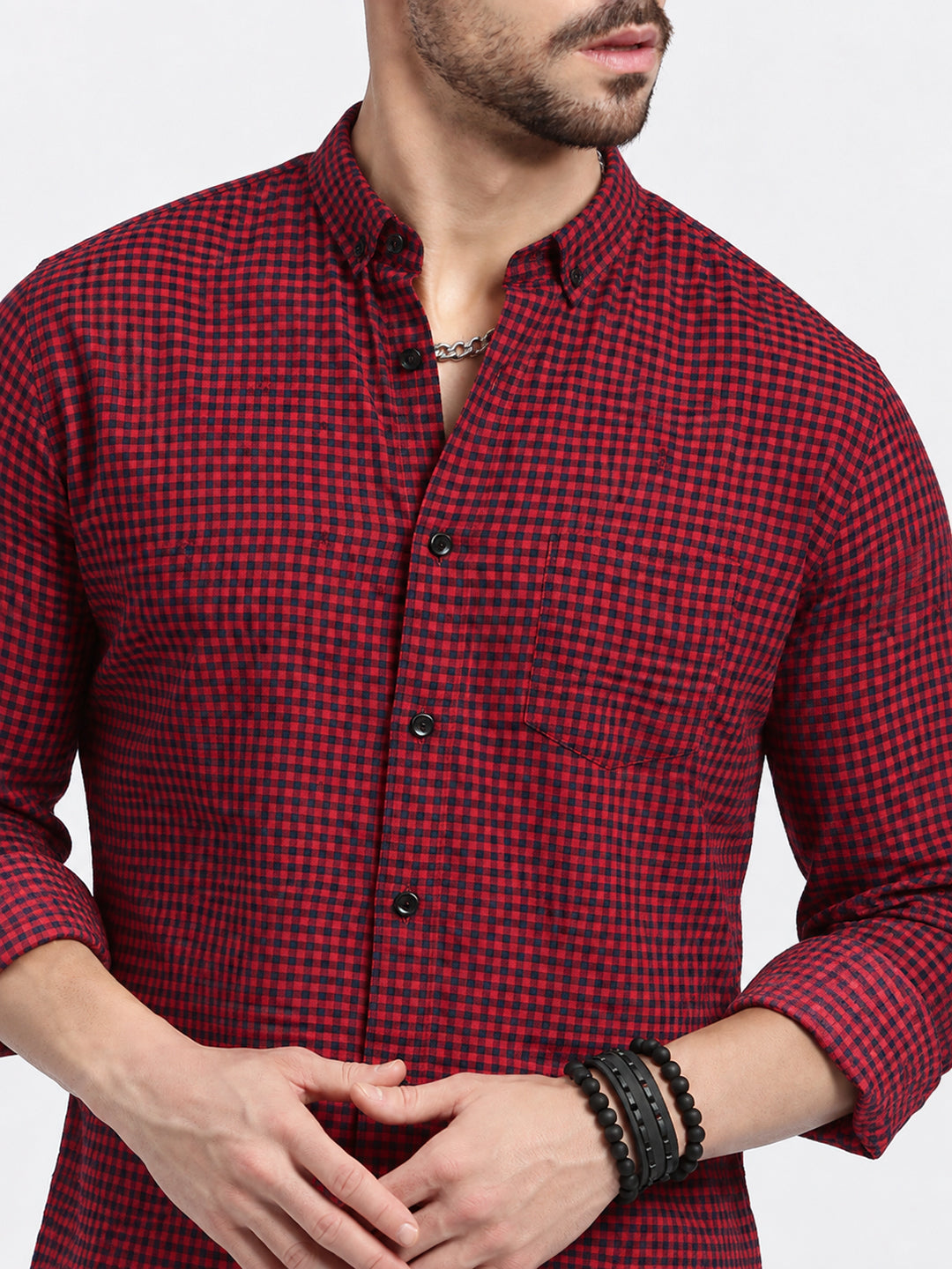 Men’s Micro Checked Red Slim Fit Long Sleeves Shirt