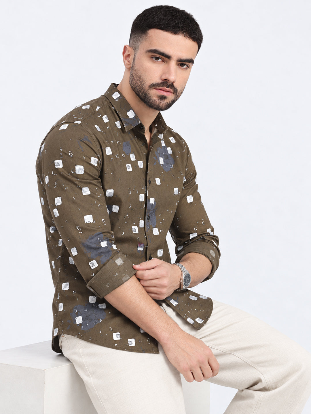 Men’s Tropical Printed Olive Slim Fit Long Sleeves Shirt