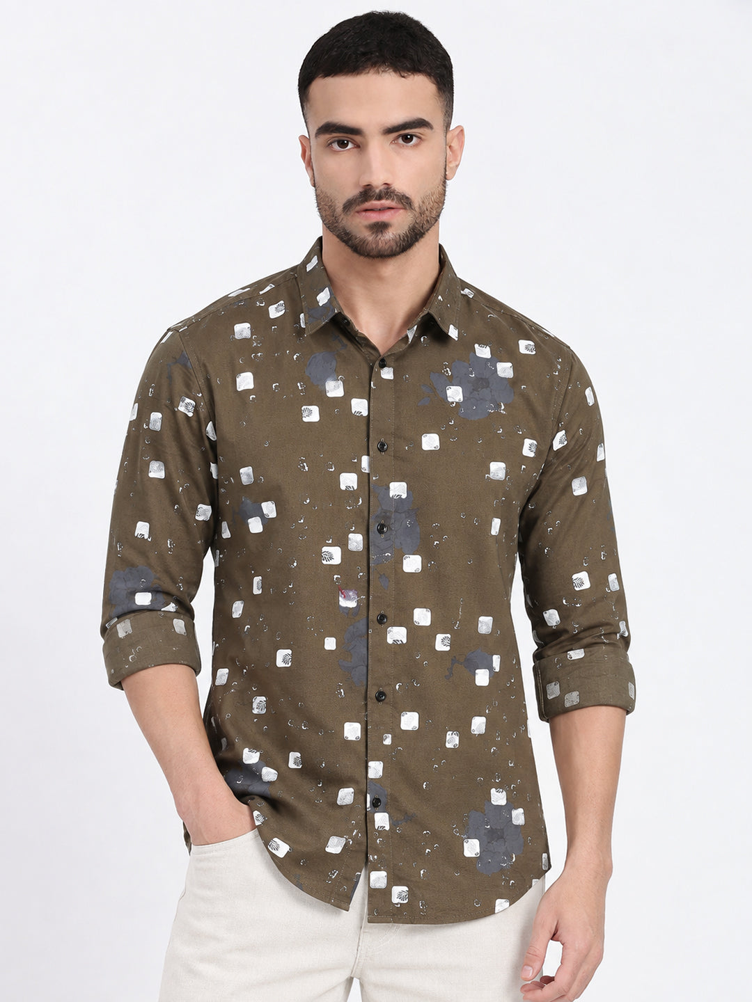Men’s Tropical Printed Olive Slim Fit Long Sleeves Shirt
