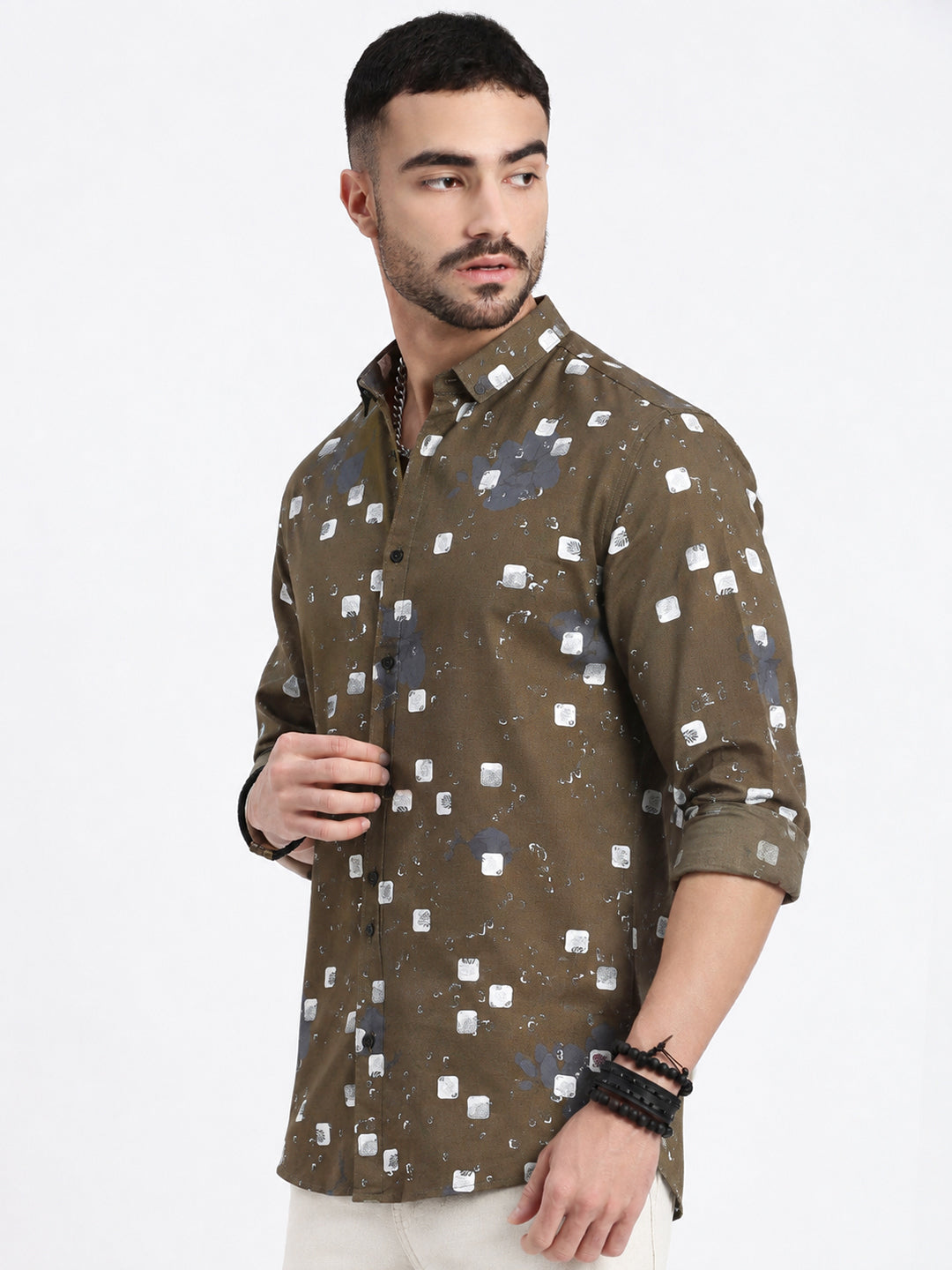 Men’s Tropical Printed Olive Slim Fit Long Sleeves Shirt