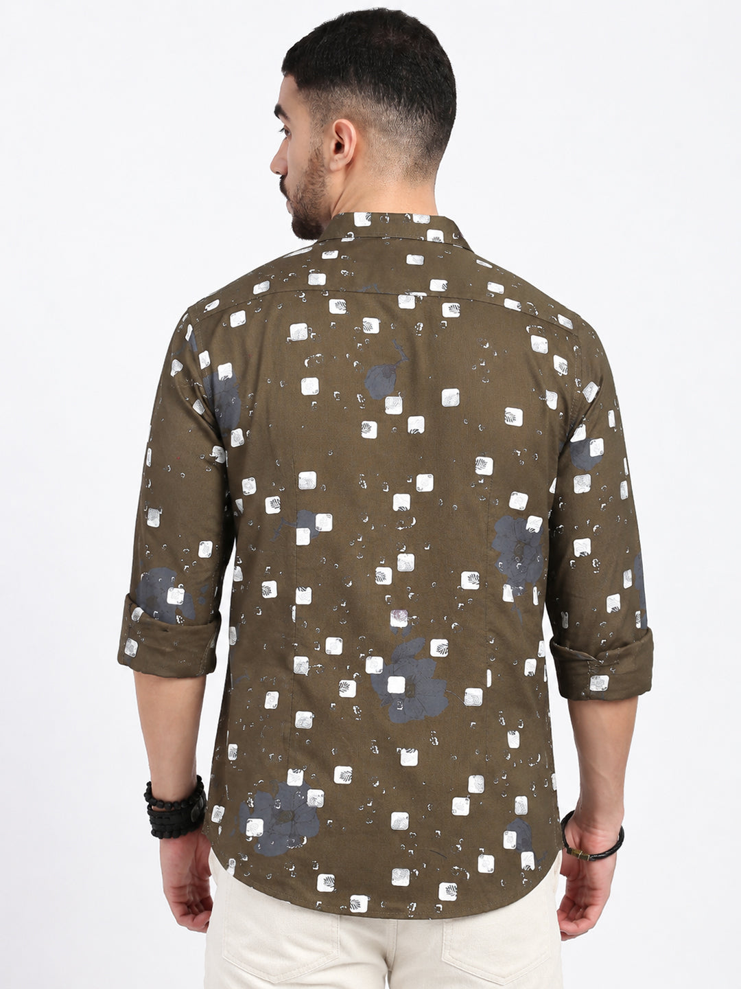 Men’s Tropical Printed Olive Slim Fit Long Sleeves Shirt