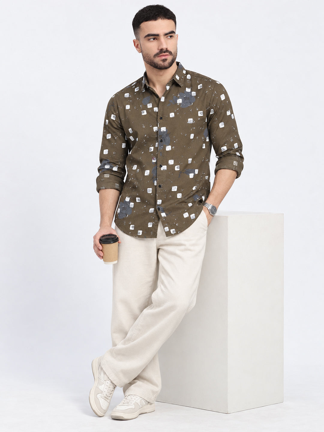Men’s Tropical Printed Olive Slim Fit Long Sleeves Shirt