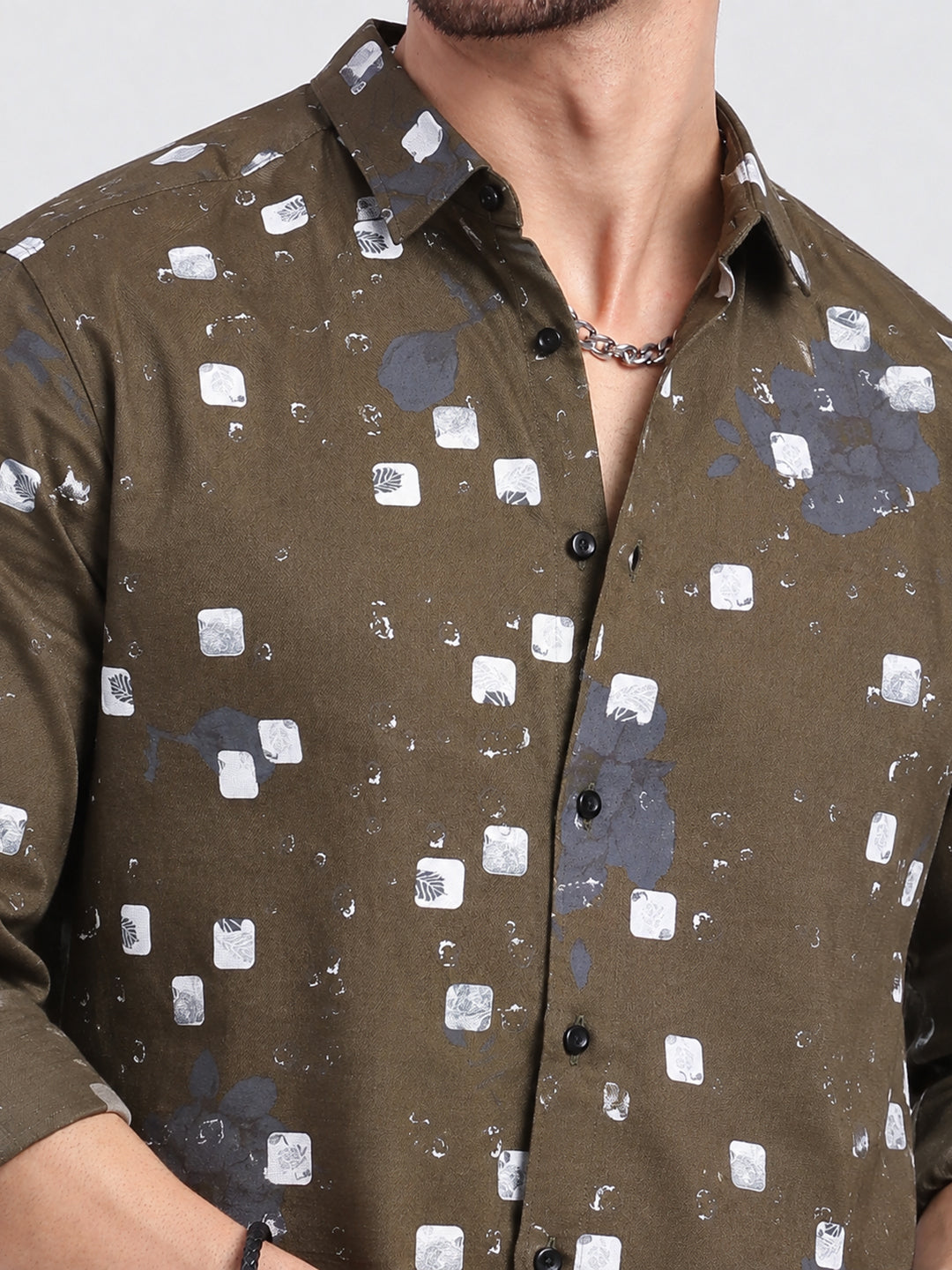 Men’s Tropical Printed Olive Slim Fit Long Sleeves Shirt