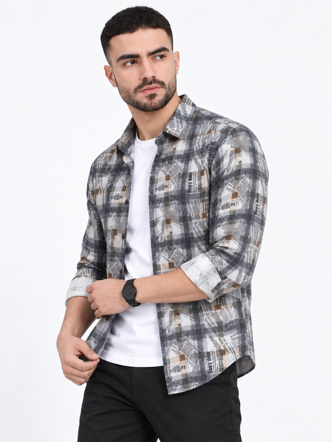 Men’s Typography Printed Grey Slim Fit Long Sleeves Casual Shirt