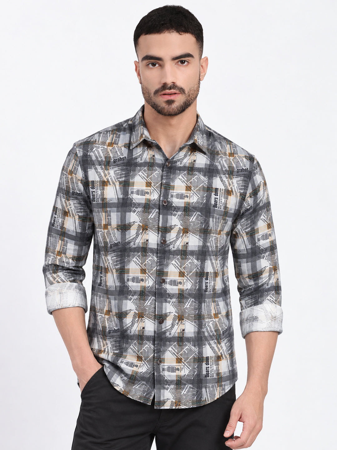 Men’s Typography Printed Grey Slim Fit Long Sleeves Casual Shirt