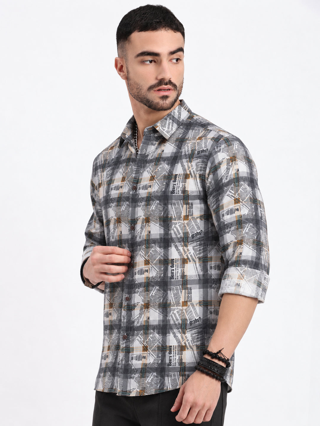 Men’s Typography Printed Grey Slim Fit Long Sleeves Casual Shirt